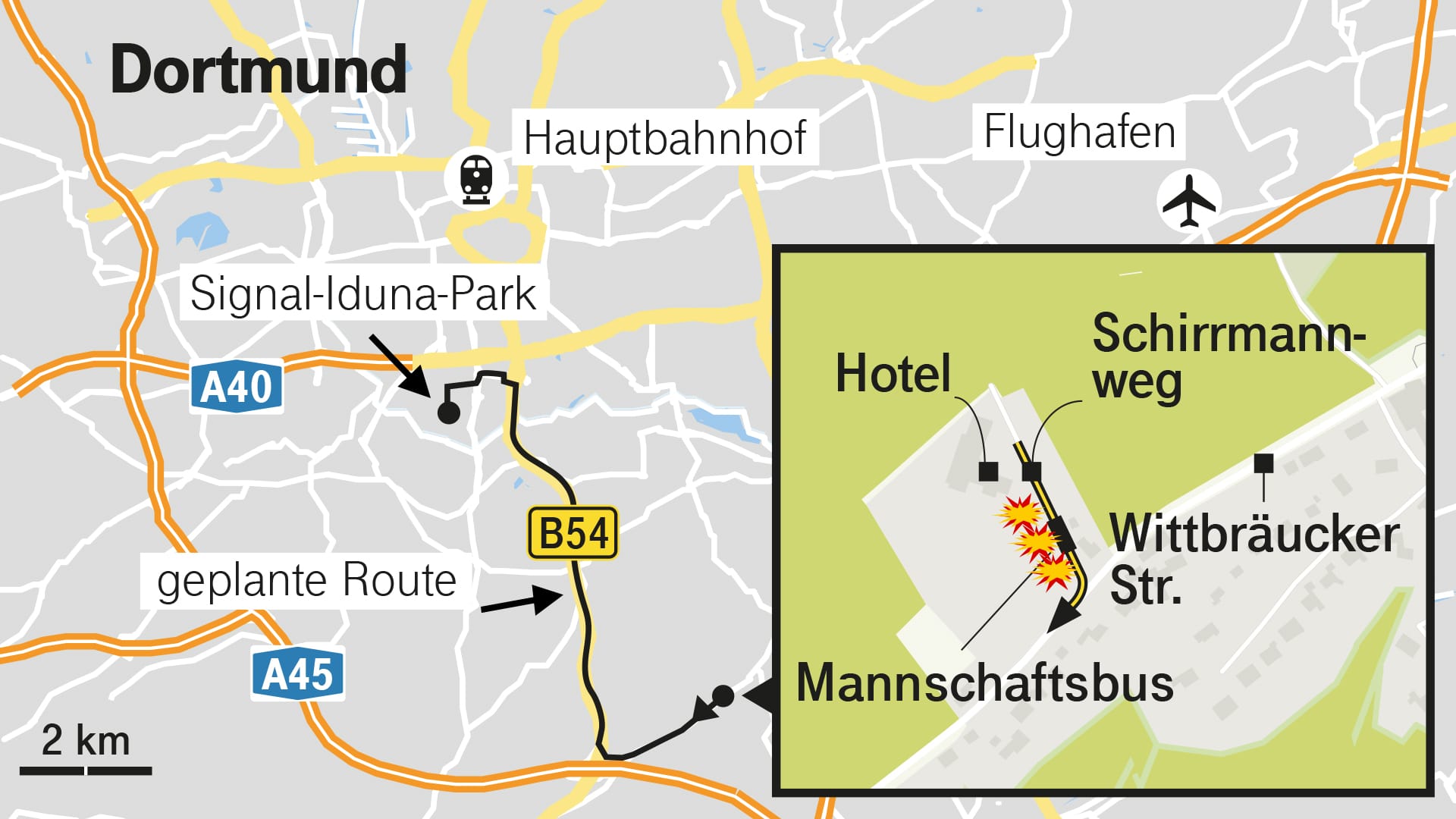 Anschlag auf den BVB-Bus: Drei Sprengsätze explodieren kurz nach der Abfahrt vom Mannschaftshotel.