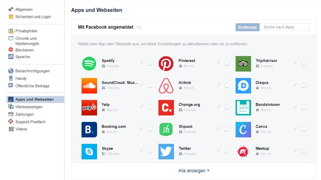 Facebook-Seite: Apps und Webseiten