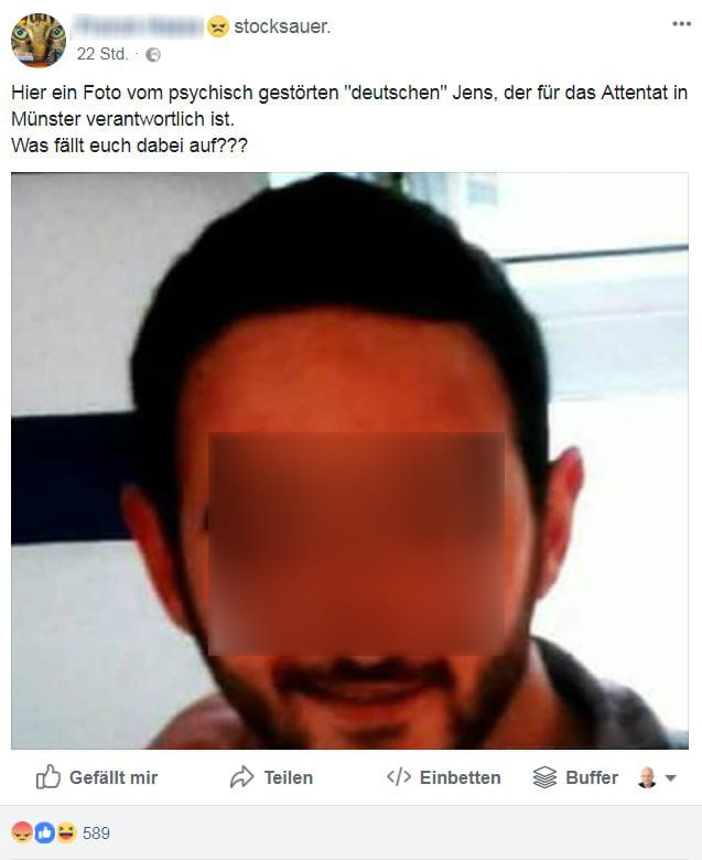 Unschuldig als Täter angeprangert: Mehr als 10.000-mal ist dieses Posting geteilt (Unkenntlichmachung durch t-online.de).