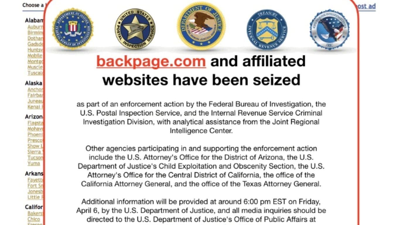 Sperrung der Seite Backpage.com: Die US-Behörden wollen Prostitution und Menschenhandel auf dem Portal stoppen.