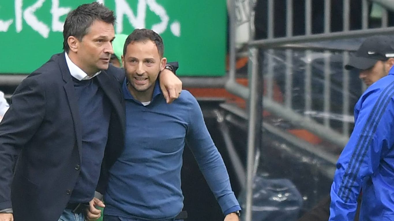 Manager Christian Heidel und Trainer Domenico Tedesco. Gemeinsam haben sie Schalke auf Platz zwei geführt und hervorragende Chancen auf die Champions-League-Qualifikation.