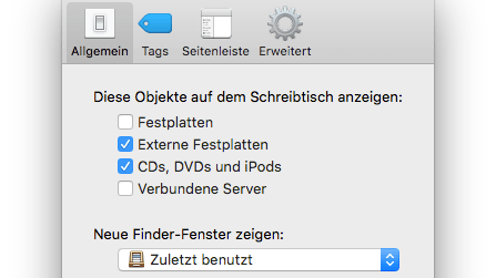Einstellungen des Finders: Hier sind Festplatten und andere Speicher aufgelistet.