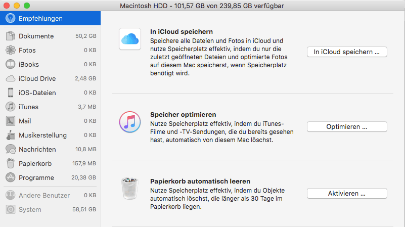 Festplatten-Einstellungen: Hier können Sie Daten in die iCloud auslagern.