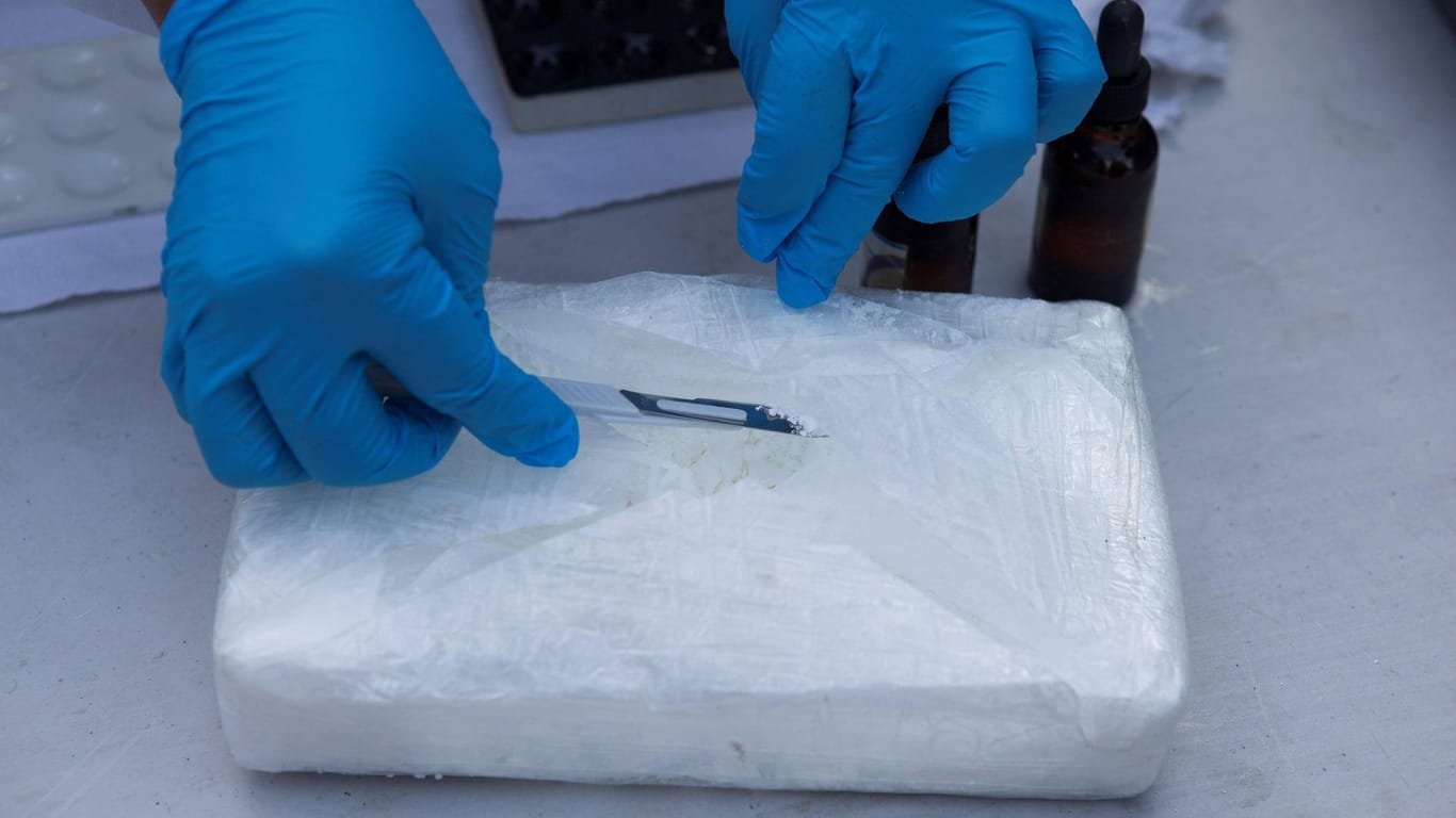 In Obstkisten gefundenes, eingeschweißtes Kokain wird untersucht: In einer Logistikzentrale in Mecklenburg-Vorpommern, hat ein Mitarbeiter über hundert Kilogramm Kokain in Ananaskisten gefunden.