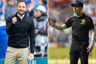 Gegensätze: Schalke-Trainer Tedesco (li.) jubelt, BVB-Coach Stöger ratlos.
