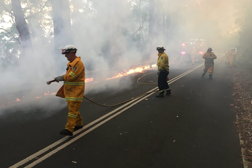 Feuerwehrleute einen Buschbran bei Sydney: Die Buschfeuer schienen nicht auf Wohnhäuser überzuschlagen.