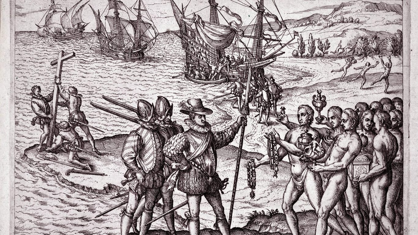 Kolumbus`Ankunft: Während die Spanier Edelmetalle und Nutzpflanzen aus Amerika Richtung Europa verschifften, brachten sie den Ureinwohnern verheerende Seuchen wie die Pocken.