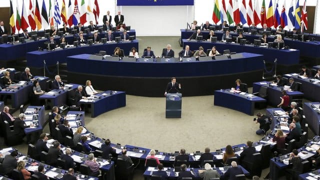 Emmanuel Macron, Präsident von Frankreich, hält eine Rede im Europäischen Parlament. Emmanuel Macron, Präsident von Frankreich, hält eine Rede im Europäischen Parlament.