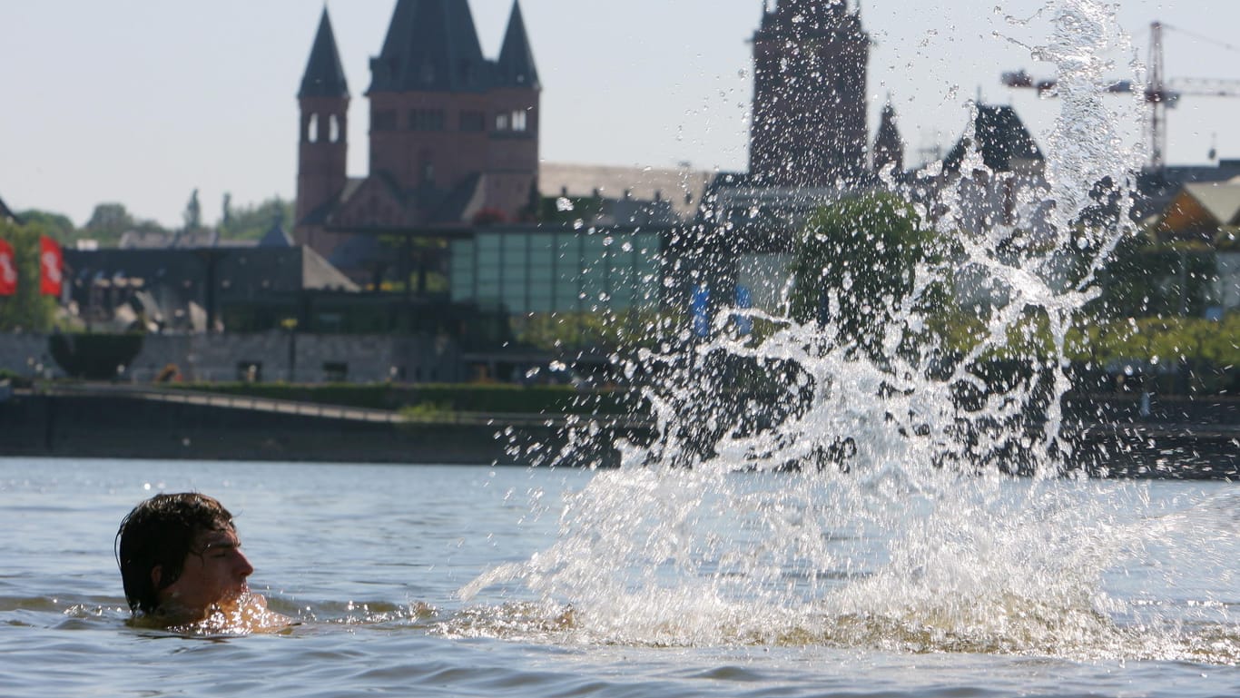 Bad im Rhein: Ein Schwimmer genießt im April 2007 vor dem Mainzer Dom die hochsommerlichen Temperaturen.