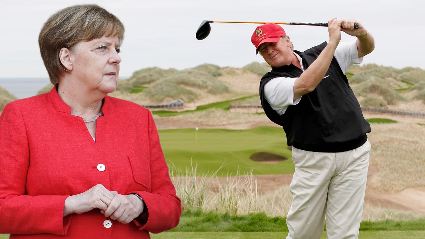 Die Bildkombo zeigt Angela Merkel und den golfspielenden Donald Trump: Die Kanzlerin versucht bei ihrem Besuch in Washington, im Handelsstreit mit den USA zu deeskalieren.