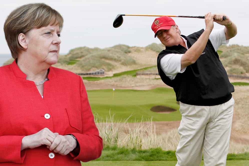 Die Bildkombo zeigt Angela Merkel und den golfspielenden Donald Trump: Die Kanzlerin versucht bei ihrem Besuch in Washington, im Handelsstreit mit den USA zu deeskalieren.