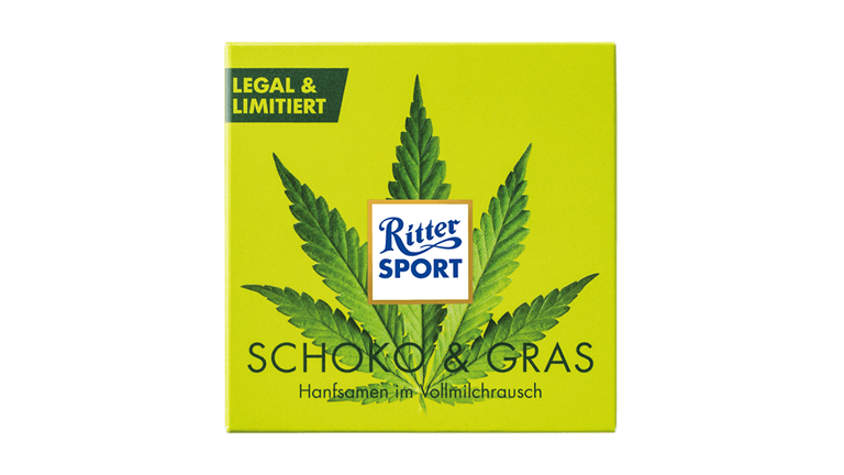 Grafik der Ritter Sport "Schoko & Gras": Ritter Sport bringt limitierte Edition zum Welt-Marihuana-Tag heraus.