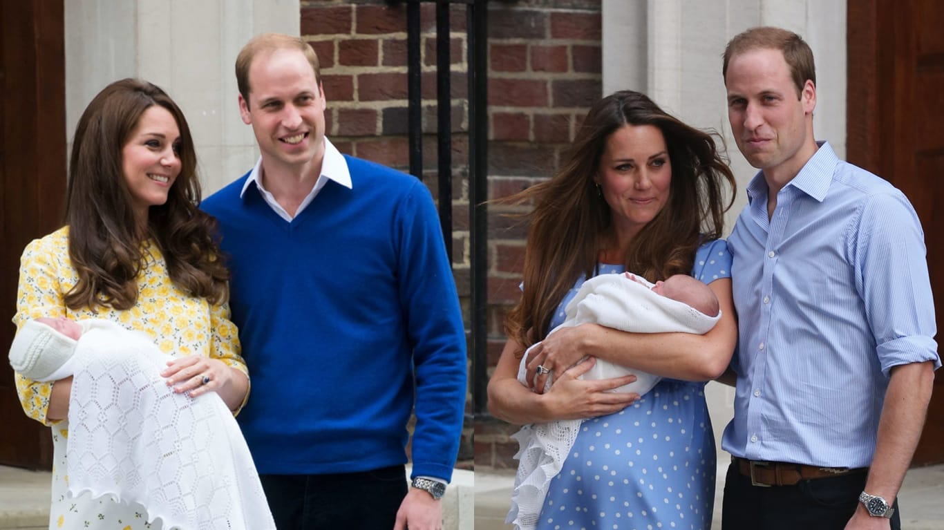Prinz William und Herzogin Kate: links mit Prinzessin Charlotte 2015, rechts mit Prinz George 2013.