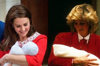 Herzogin Kate und Prinzessin Diana: Beide mit ihrem jeweils zweiten Sohn auf dem Arm, beide im roten Kleid.