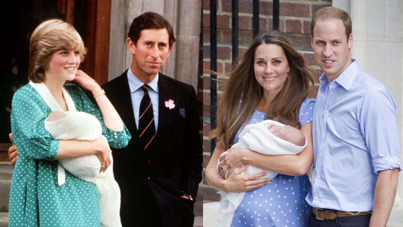 Beide Damen in Blau: Prinzessin Diana mit Prinz Charles 1982 und Prinzessin Kate mit Prinz William 2013.
