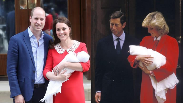 Beide in Rot: Herzogin Kate mit Prinz William 2018, Prinzessin Diana mit Prinz Charles 1984.