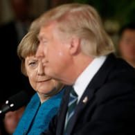 Merkel beim ersten Besuch im Weißen Haus: Bisweilen schaute sie Trump irritiert an.