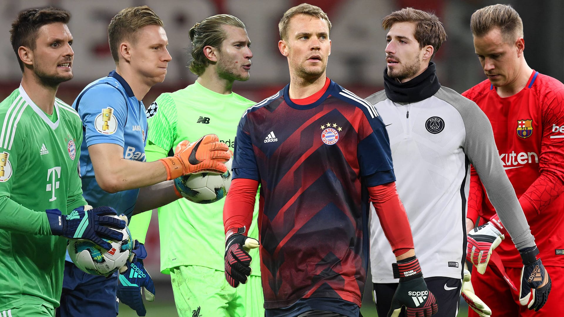 Ulreich, Leno, Karius, Neuer, Trapp und ter Stegen (v. l.): Löw hat gute Torhüter – aber wen nimmt er am Ende mit?