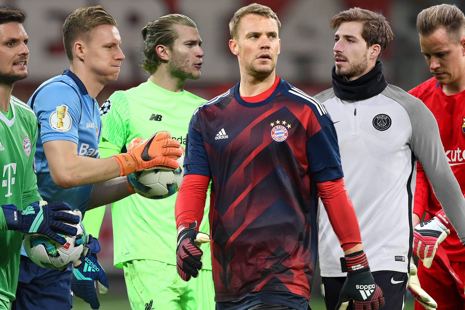 Ulreich, Leno, Karius, Neuer, Trapp und ter Stegen (v. l.): Löw hat gute Torhüter – aber wen nimmt er am Ende mit?