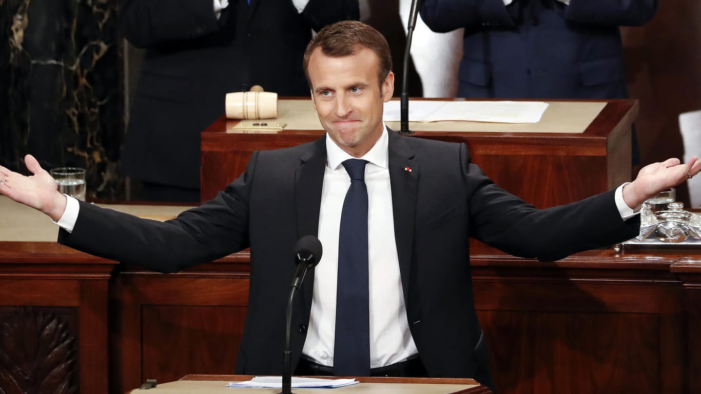Emmanuel Macron, Präsident von Frankreich, hält eine Rede vor dem US-Kongress in Washington (USA): Dabei hat er für den Verbleib der USA im Atomabkommen mit dem Iran geworben.