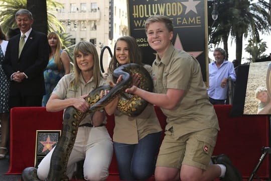 Robert Irwin (r-l), Bindi Irwin und Terri Irwin haben zur Sternen-Enthüllung eine Anakonda-Schlange mitgebracht.