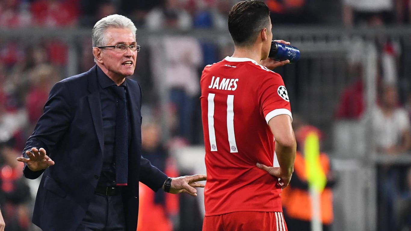 Motivator: Bayern-Trainer Jupp Heynckes muss James (r.) und die anderen Münchener Stars auf das Rückspiel in Madrid einstimmen.