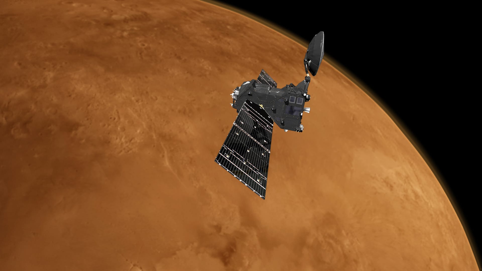 Der ExoMars Trace Gas Orbiter: Die Raumsonde hat Bilder aus der neuen Umlaufbahn in 400 Kilometer Höhe über dem Mars geschickt. Der ExoMars Trace Gas Orbiter: Die Raumsonde hat Bilder aus der neuen Umlaufbahn in 400 Kilometer Höhe über dem Mars geschickt.