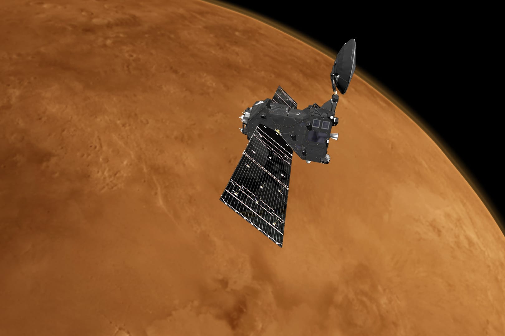 Der ExoMars Trace Gas Orbiter: Die Raumsonde hat Bilder aus der neuen Umlaufbahn in 400 Kilometer Höhe über dem Mars geschickt.