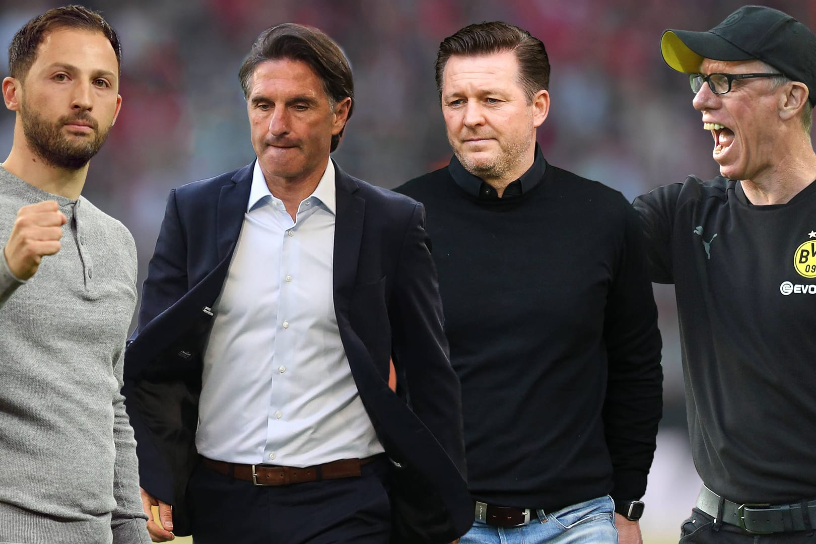 Tedesco, Labbadia, Titz und Stöger (v.l.): Für diese Bundesliga-Trainer geht es am 33. Spieltag um viel.