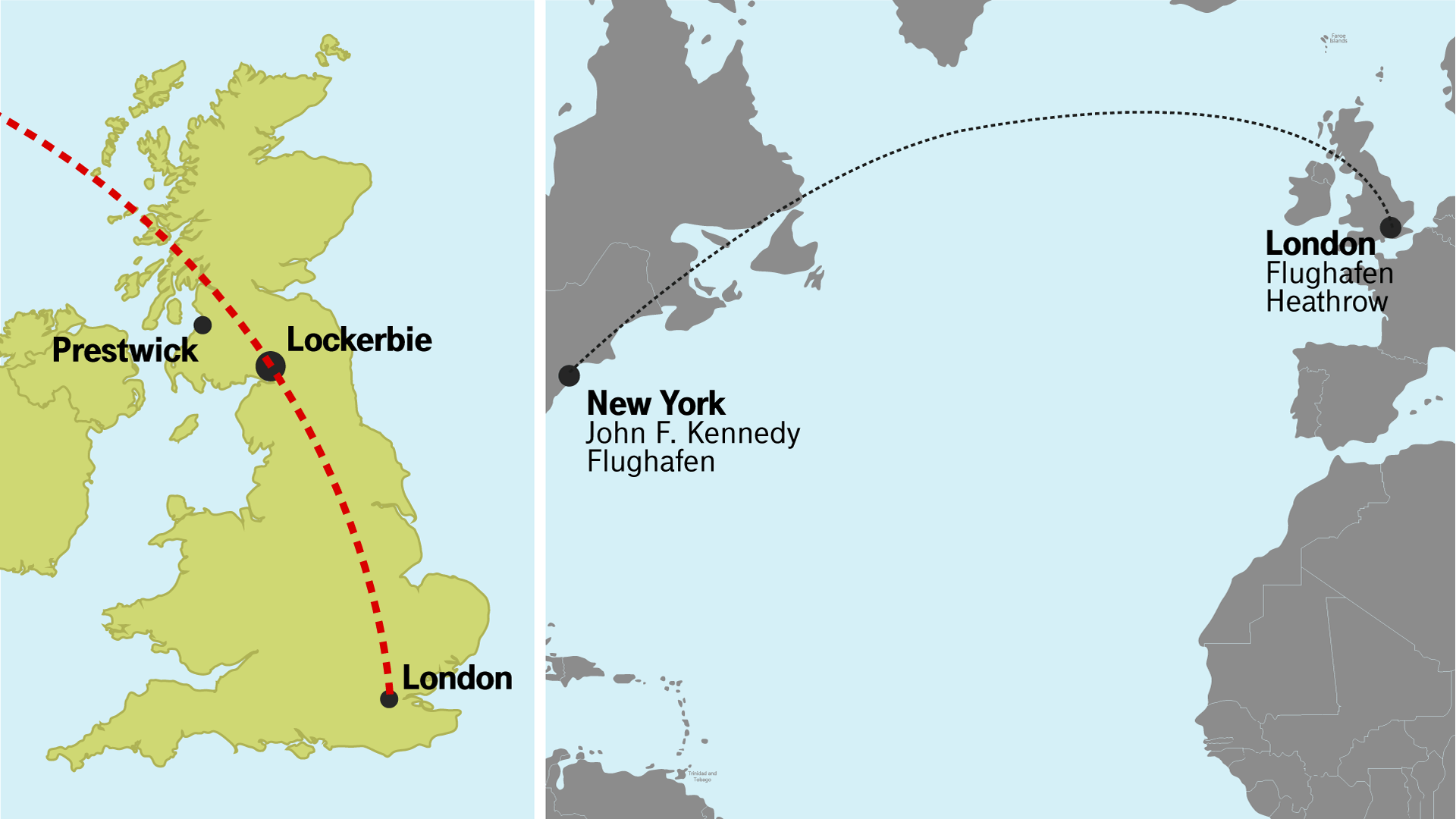 Eine Karte mit Fluglinie des Pan-Am-Flugs: Die Maschine ist nach Start über dem schottischen Lockerbie explodiert.