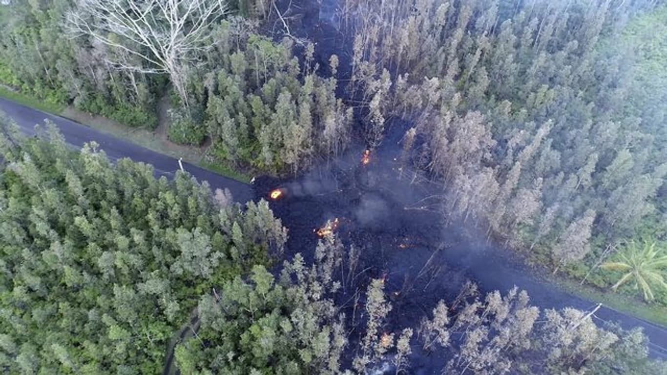Nach einer Eruption des Kilauea strömt Lava über eine Straße bei Puna auf Big Island.