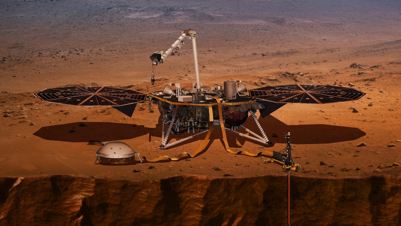 Die Messstation "InSight" (Computer-Visualisierung): Ab November soll der Roboter sich in die Erde des Mars' bohren.