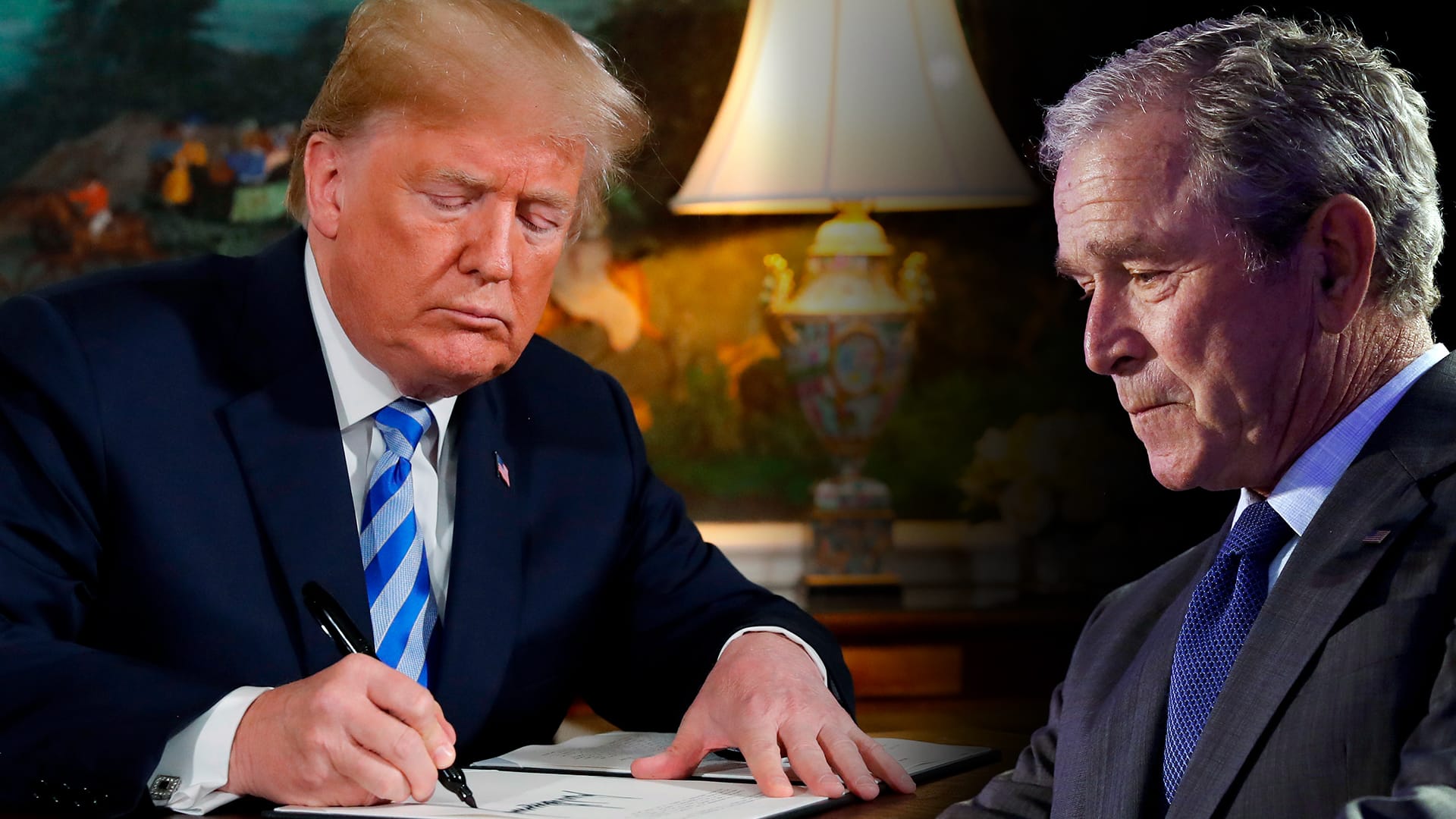 Donald Trump und George W. Bush: Grünen-Politiker Nouripour hat Trumps Ausstieg aus dem Iran-Atomabkommen mit Bushs Krieg gegen den Irak verglichen. Donald Trump und George W. Bush: Grünen-Politiker Nouripour hat Trumps Ausstieg aus dem Iran-Atomabkommen mit Bushs Krieg gegen den Irak verglichen.