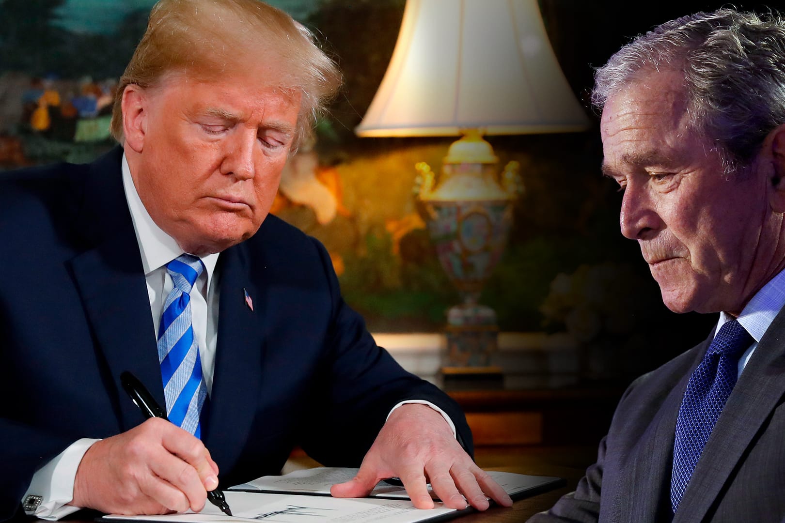 Donald Trump und George W. Bush: Grünen-Politiker Nouripour hat Trumps Ausstieg aus dem Iran-Atomabkommen mit Bushs Krieg gegen den Irak verglichen.
