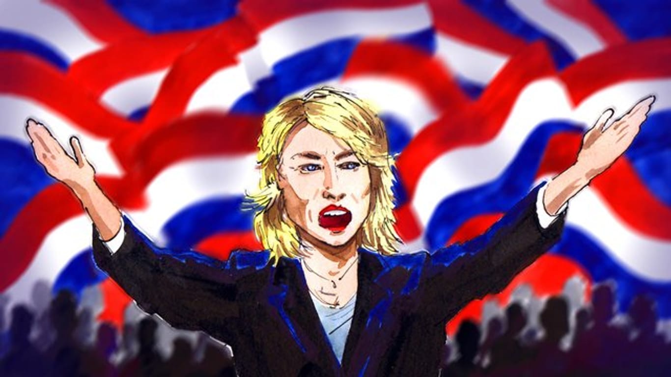 Eine gezeichnete Comic-Szene mit Schauspielerin Harfouch kündigt das Stück "Die Präsidentin" bei den Rurfestspielen an.