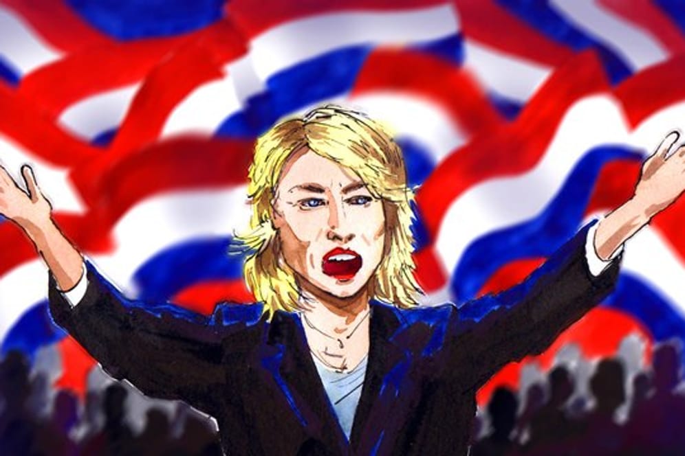 Eine gezeichnete Comic-Szene mit Schauspielerin Harfouch kündigt das Stück "Die Präsidentin" bei den Rurfestspielen an.