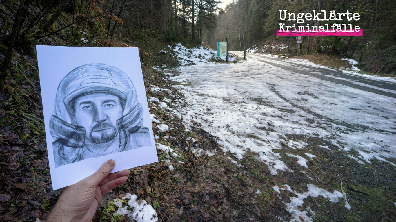 Fahndungsbild und der Tatort: Vater, Mutter und Schwiegermutter der britischen Familie al-Hili sterben an dieser Stelle in den französischen Alpen nahe Annecy. Auch ein Fahrradfahrer wird erschossen.