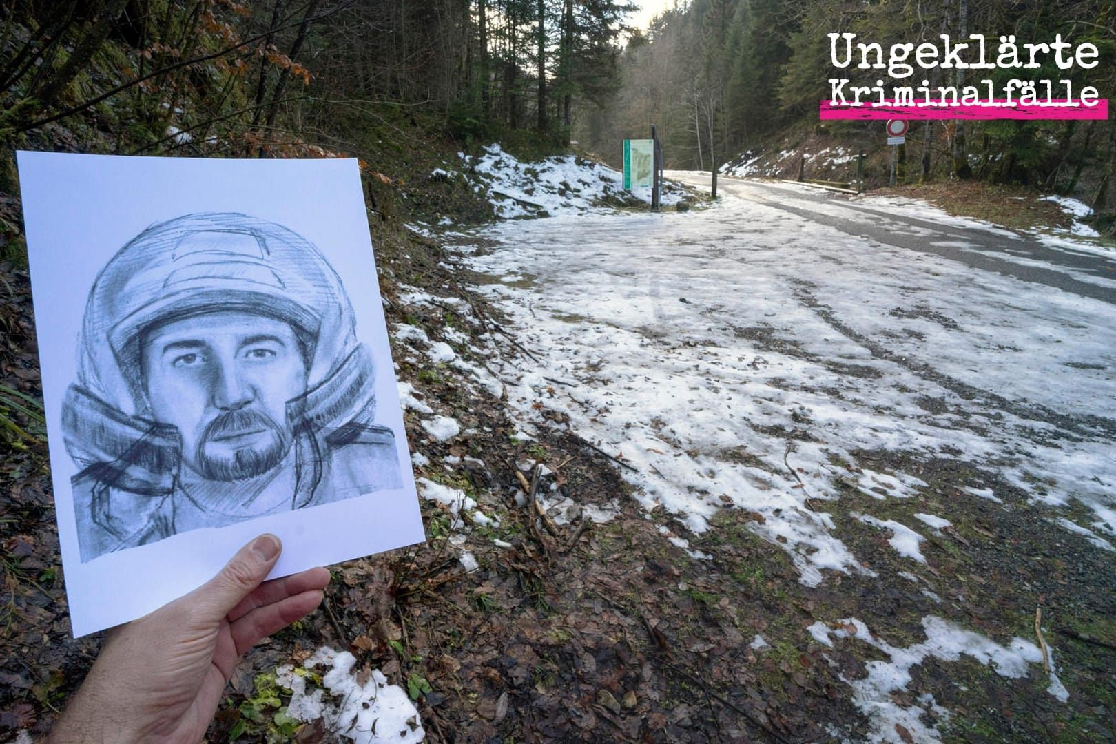 Fahndungsbild und der Tatort: Vater, Mutter und Schwiegermutter der britischen Familie al-Hili sterben an dieser Stelle in den französischen Alpen nahe Annecy. Auch ein Fahrradfahrer wird erschossen.