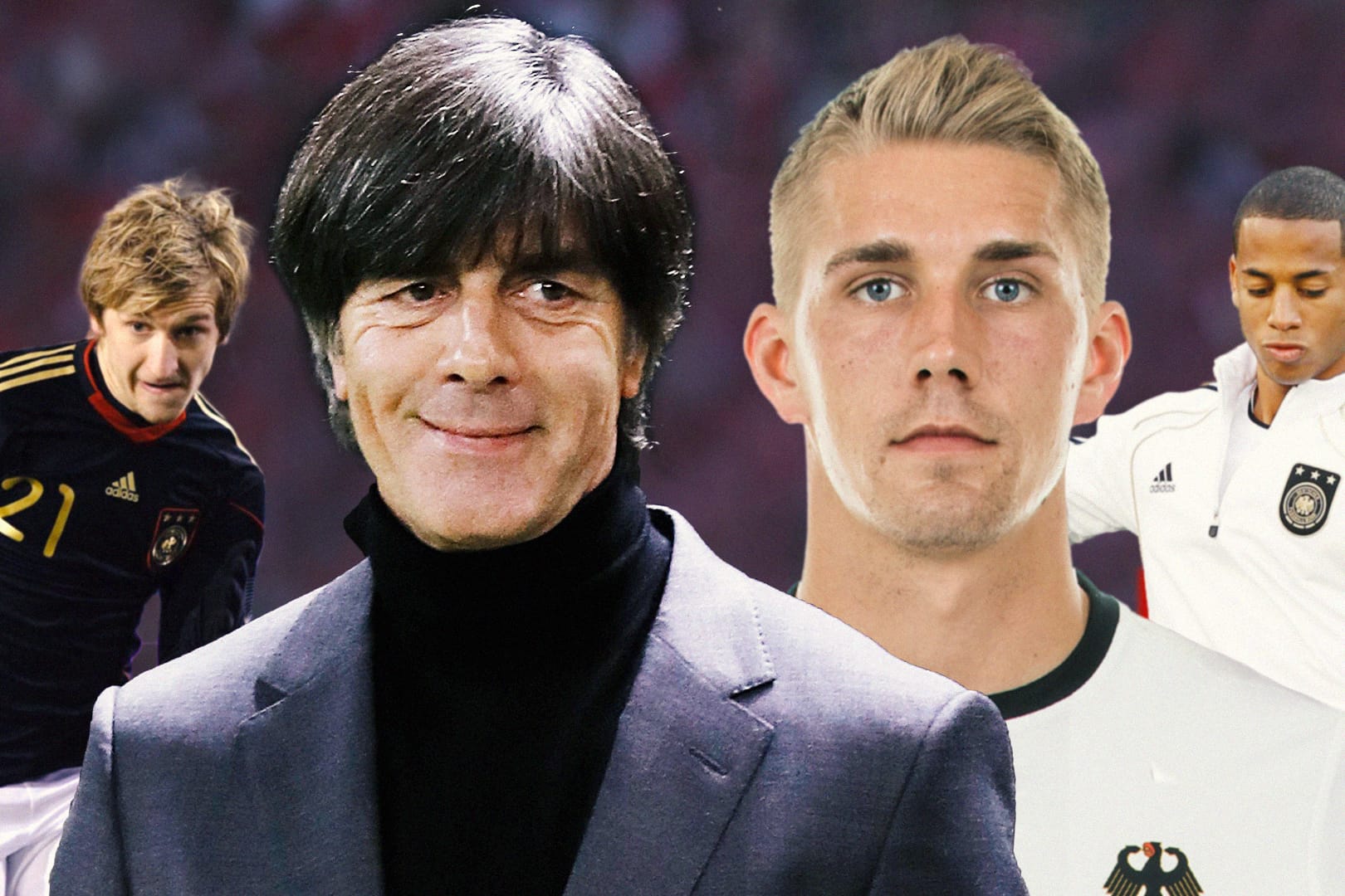 Immer für eine Überraschung gut: Bundestrainer Joachim Löw (2. v. l.) sorgte vor vergangenen Turnieren mit den Nominierungen von Marko Marin (l.), Dennis Aogo (r.) und nun Nils Petersen für Aufsehen.