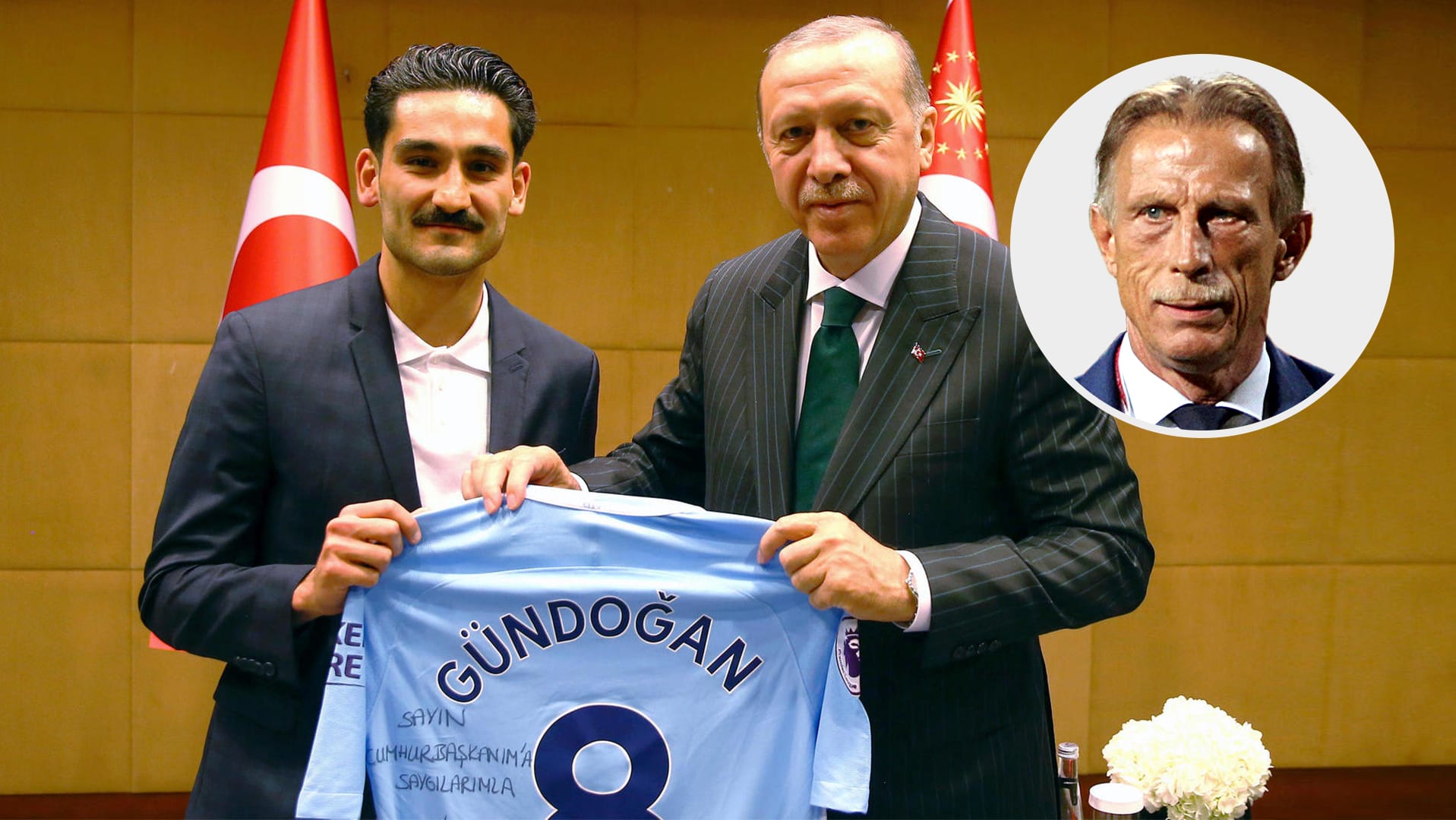 Nationalspieler Ilkay Gündogan (l.) posiert mit dem türkischen Präsidenten Recep Tayyip Erdogan: Türkei-Kenner Christoph Daum (r. o.) nimmt ihn in Schutz.