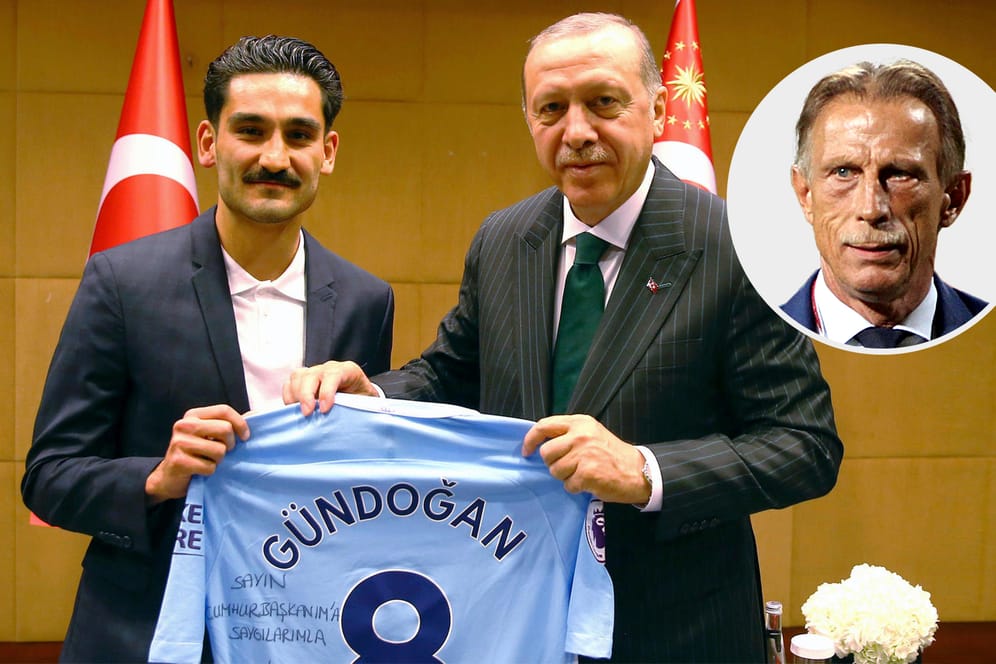 Nationalspieler Ilkay Gündogan (l.) posiert mit dem türkischen Präsidenten Recep Tayyip Erdogan: Türkei-Kenner Christoph Daum (r. o.) nimmt ihn in Schutz.