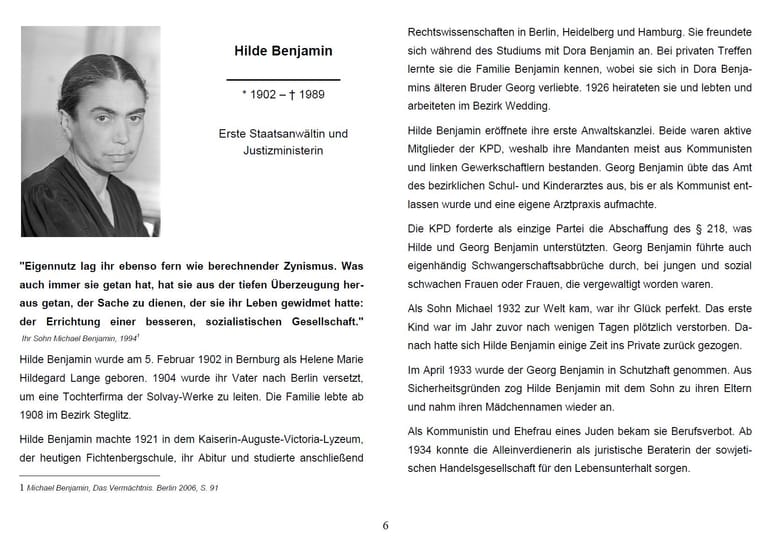 Screenshot der ersten Seite des Artikels über Hilde Benjamin in der Broschüre "Starke Frauen". Die Broschüre wurde inzwischen zurückgezogen.