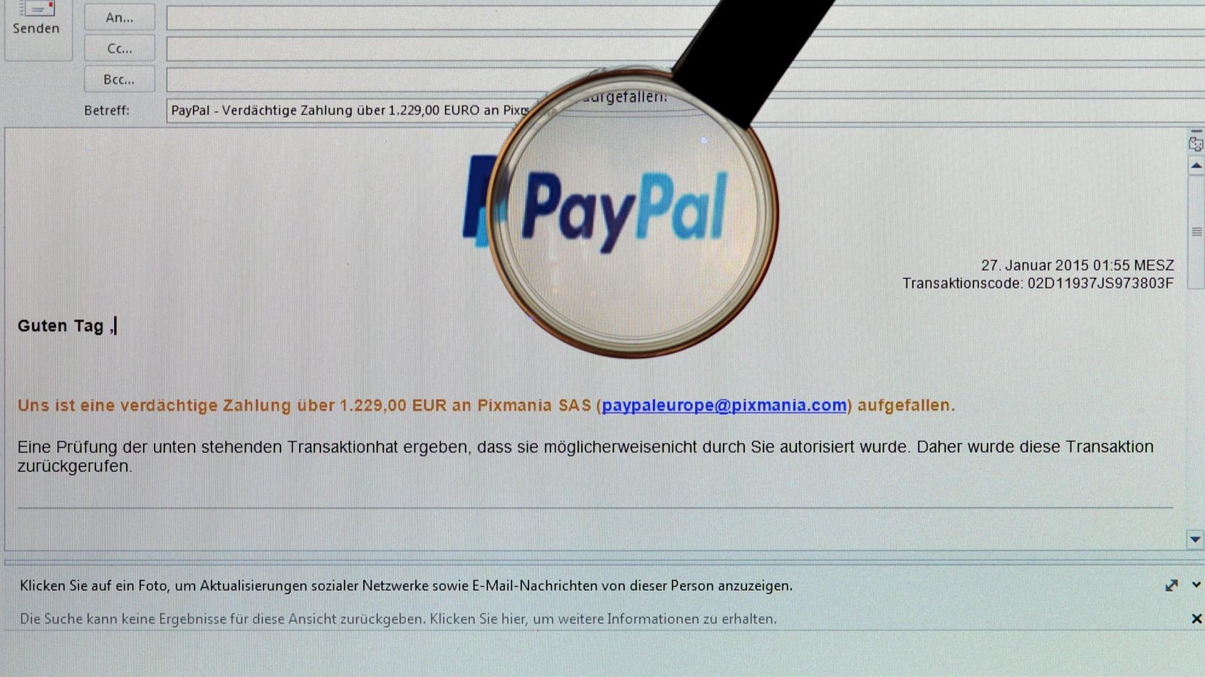 Pishing-Mail: Eine Betrugs-Mail von "PayPal" von 2015 (Symbolbild).