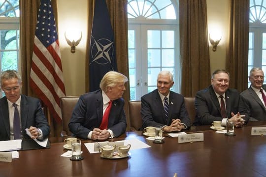 NATO Generalsekretär Stoltenberg, US Präsident Trump, Vizepräsident Pence, Außenminister Pompeo, und Mattis (Verteidigung) treffen sich im Weißen Haus.