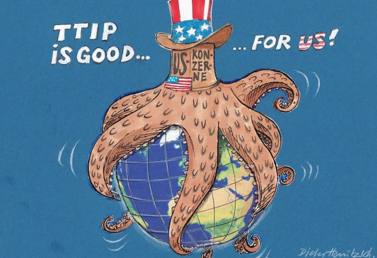 Die kritisierte TTIP-Karikatur von 2016: Dieter Hanitzsch zeigte sie im Bayerischen Rundfunk. "Für mich symbolisiert die Krake eher den Versuch, eine weltweite Macht zu werden", sagt Hanitzsch heute.