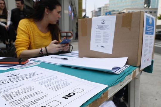 Eine Frau betreut einen Stand, an dem Anhänger der rechtspopulistischen Partei Lega über den Regierungsvertrag in Italien abstimmen.