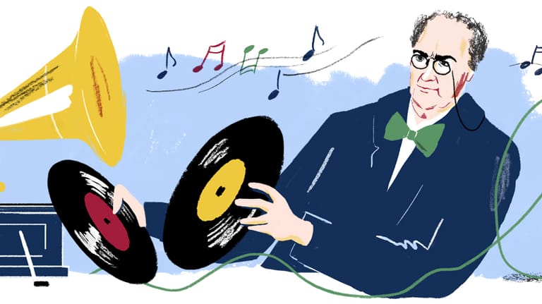 Emil Berliner in seinem Element: Das Google Doodle hat ihn mit seinen Erfindungen illustriert.