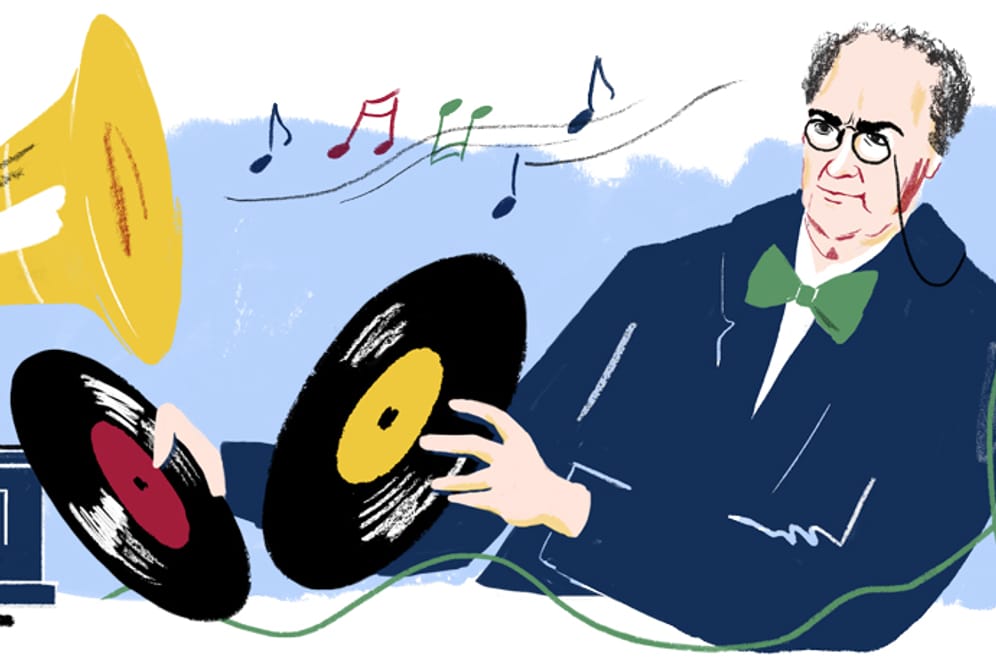 Emil Berliner in seinem Element: Das Google Doodle hat ihn mit seinen Erfindungen illustriert.