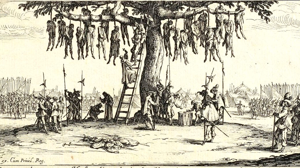 "Galgenbaum": Der Franzose Jacques Callot hielt 1632 in diesem Stich die Bestrafung von Marodeuren fest.