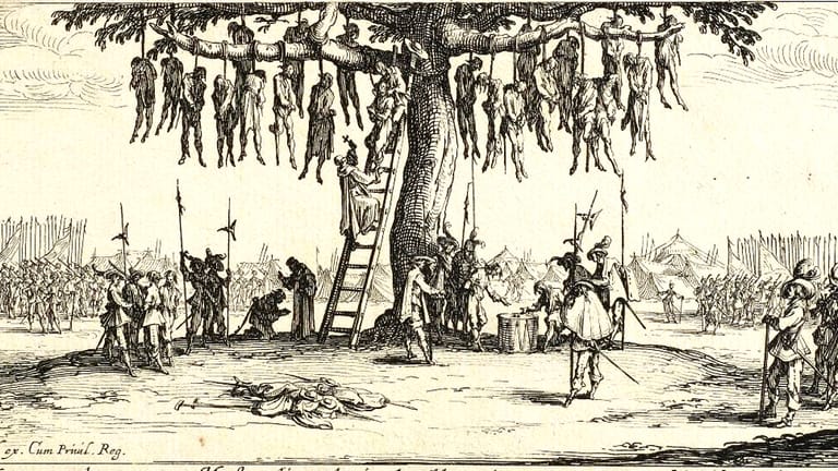 "Galgenbaum": Der Franzose Jacques Callot hielt 1632 in diesem Stich die Bestrafung von Marodeuren fest.